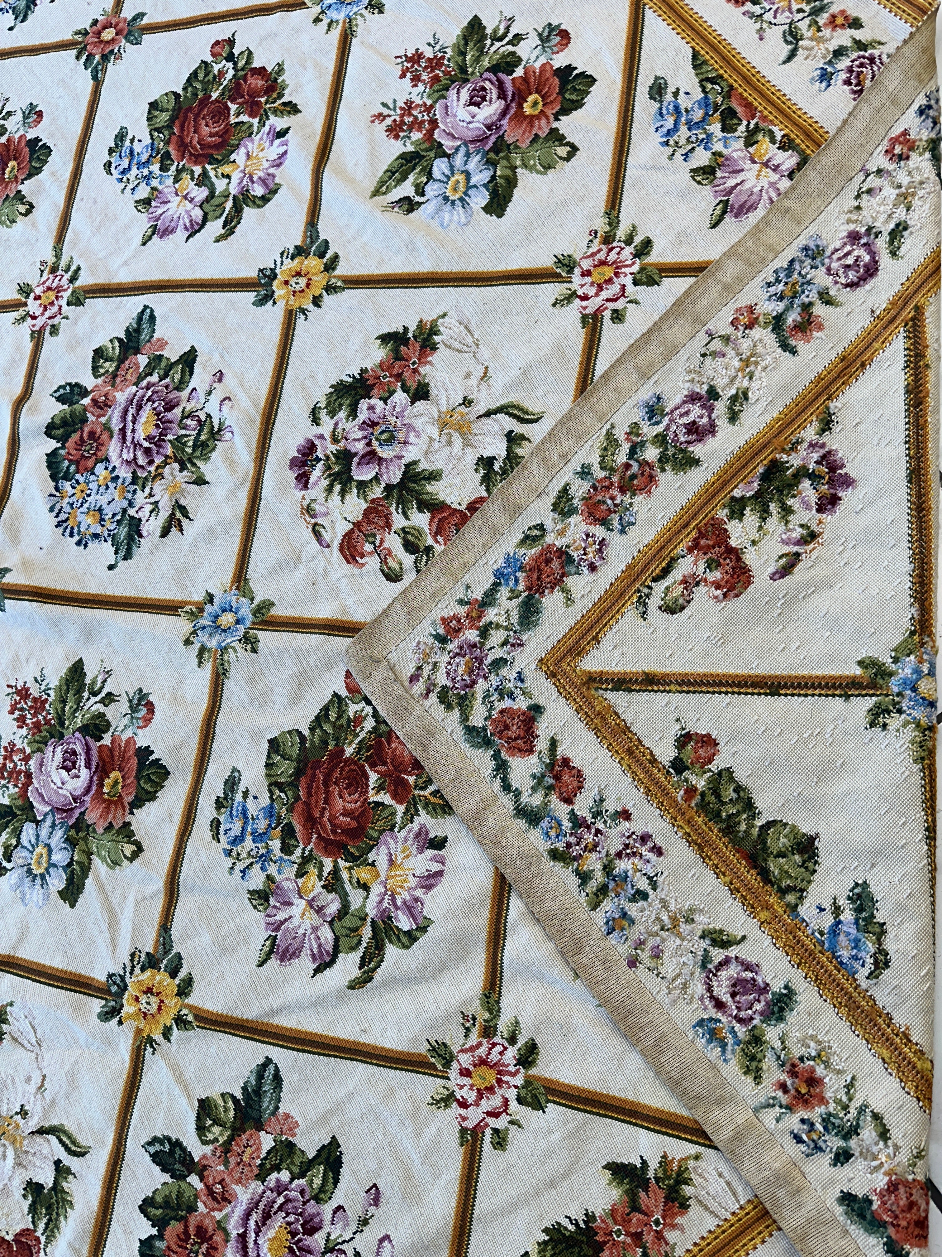 Handmade Needlepoint Floral Wool Rug – 9' 7" x 13' 5" – Vintage European Tapestry Style