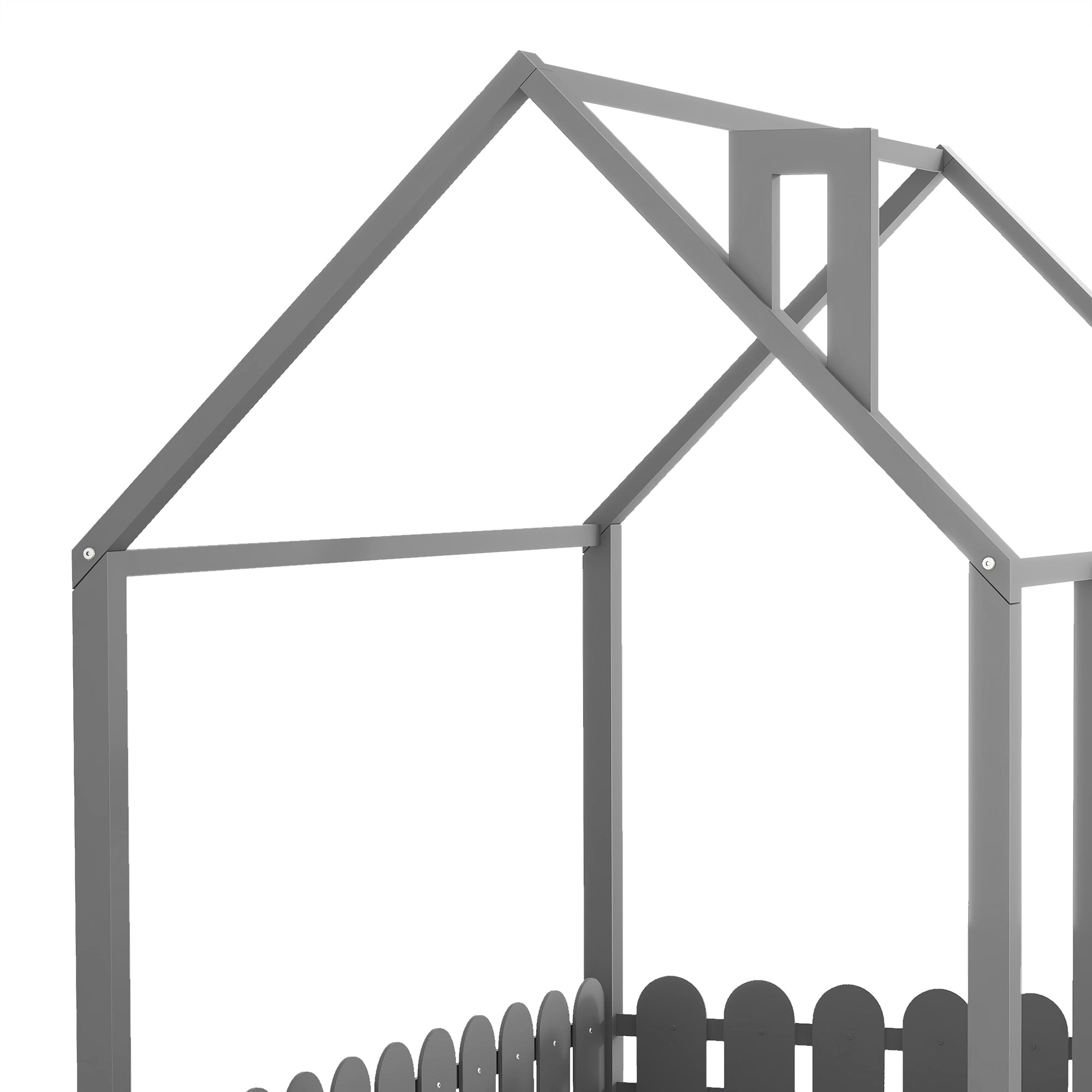 (Slats are not included)Full Size Wood Bed House Bed Frame with Fence for Kids Teens Girls Boys (Gray )