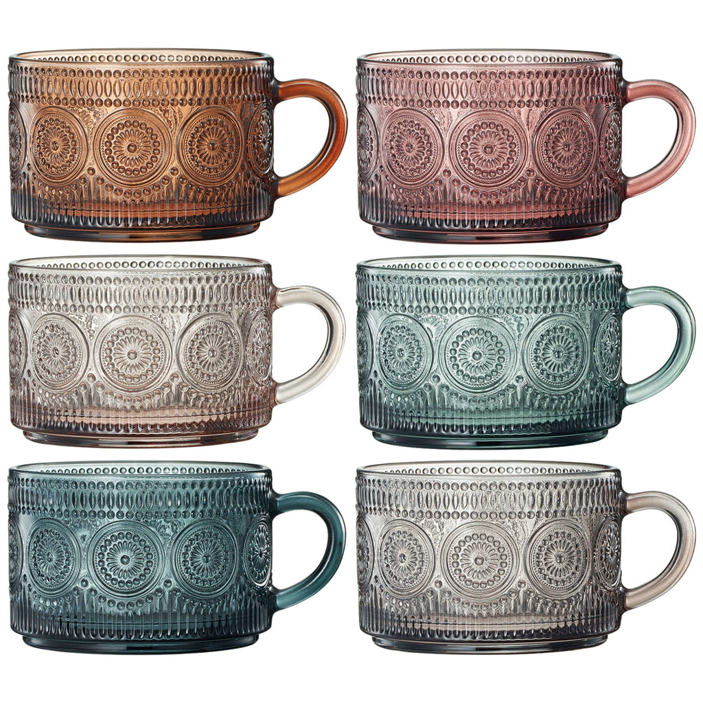 Tonal Hobnail Mug Glassware with 6 Lids & Gold Spoons, Set of 6