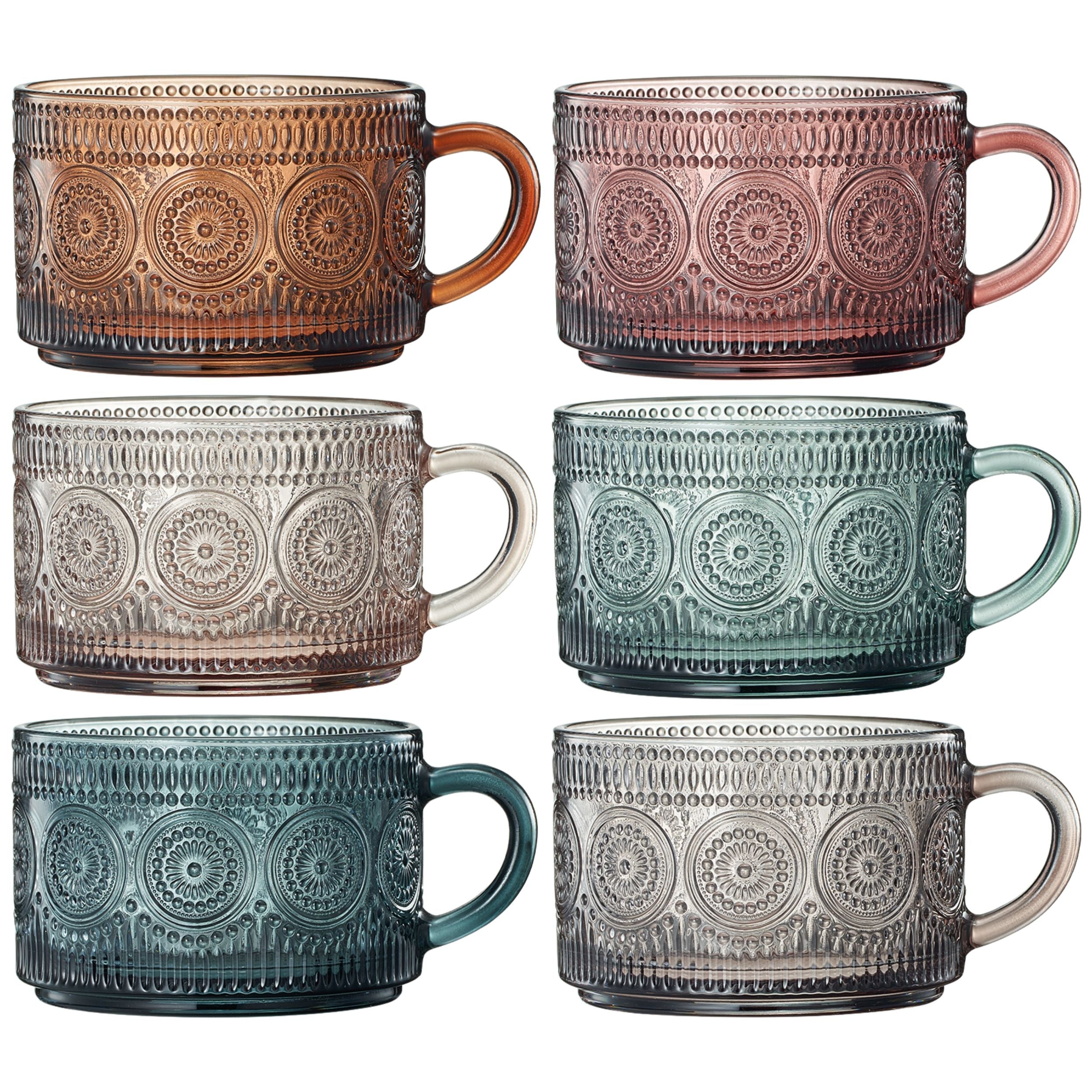 Tonal Hobnail Mug Glassware with 6 Lids & Gold Spoons, Set of 6