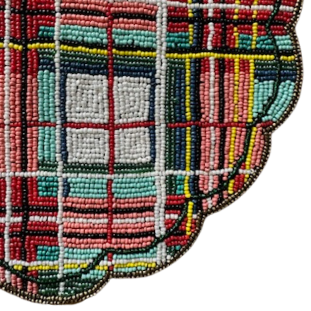 Christmas Beaded Plaid Placemat, Handmade Indian Beaded Tartan Decor, 14" Festive Dining Table Setting by Payton James