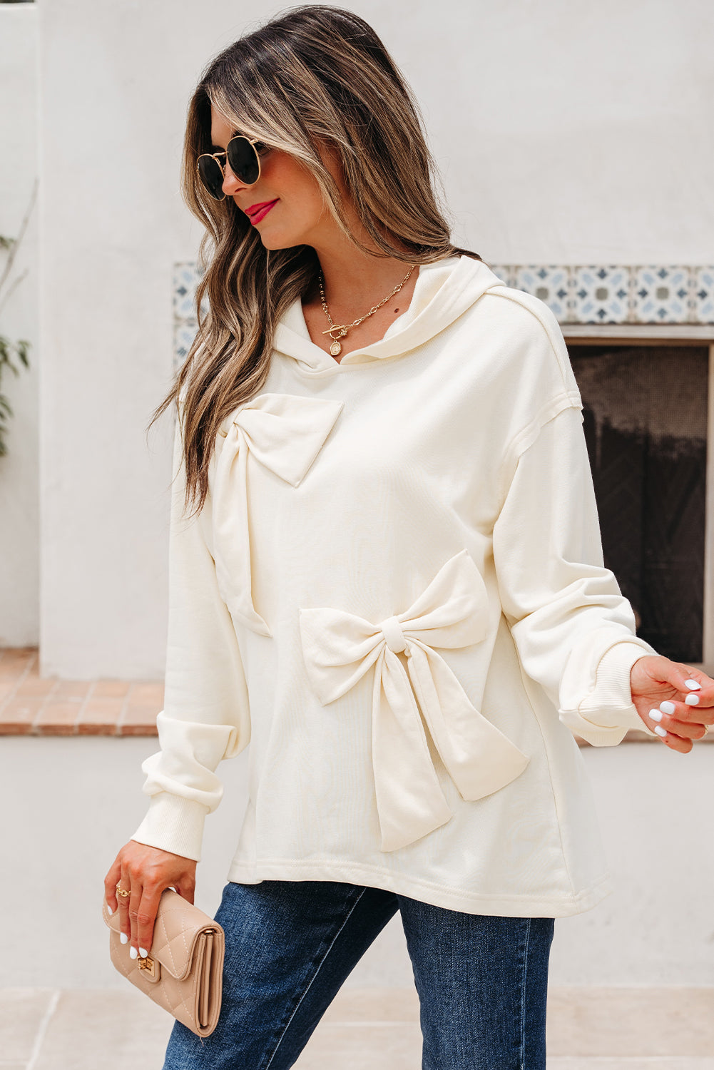 Solid Bow Long Sleeve Hoodie