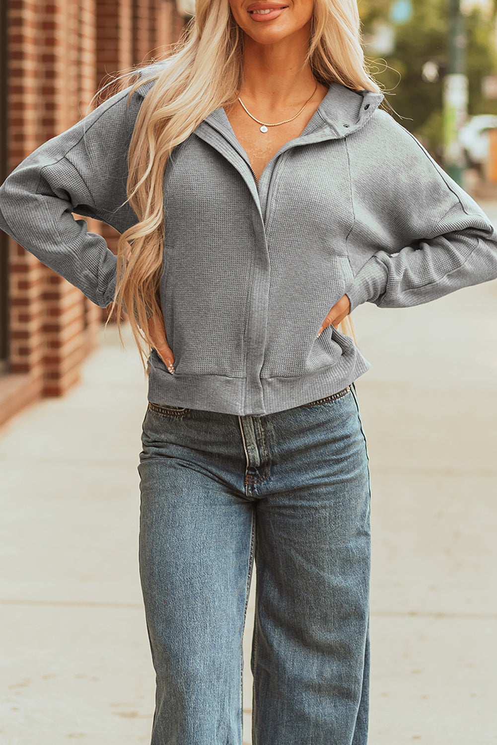 Waffle Zip Up Snap Button Hooded Jacket