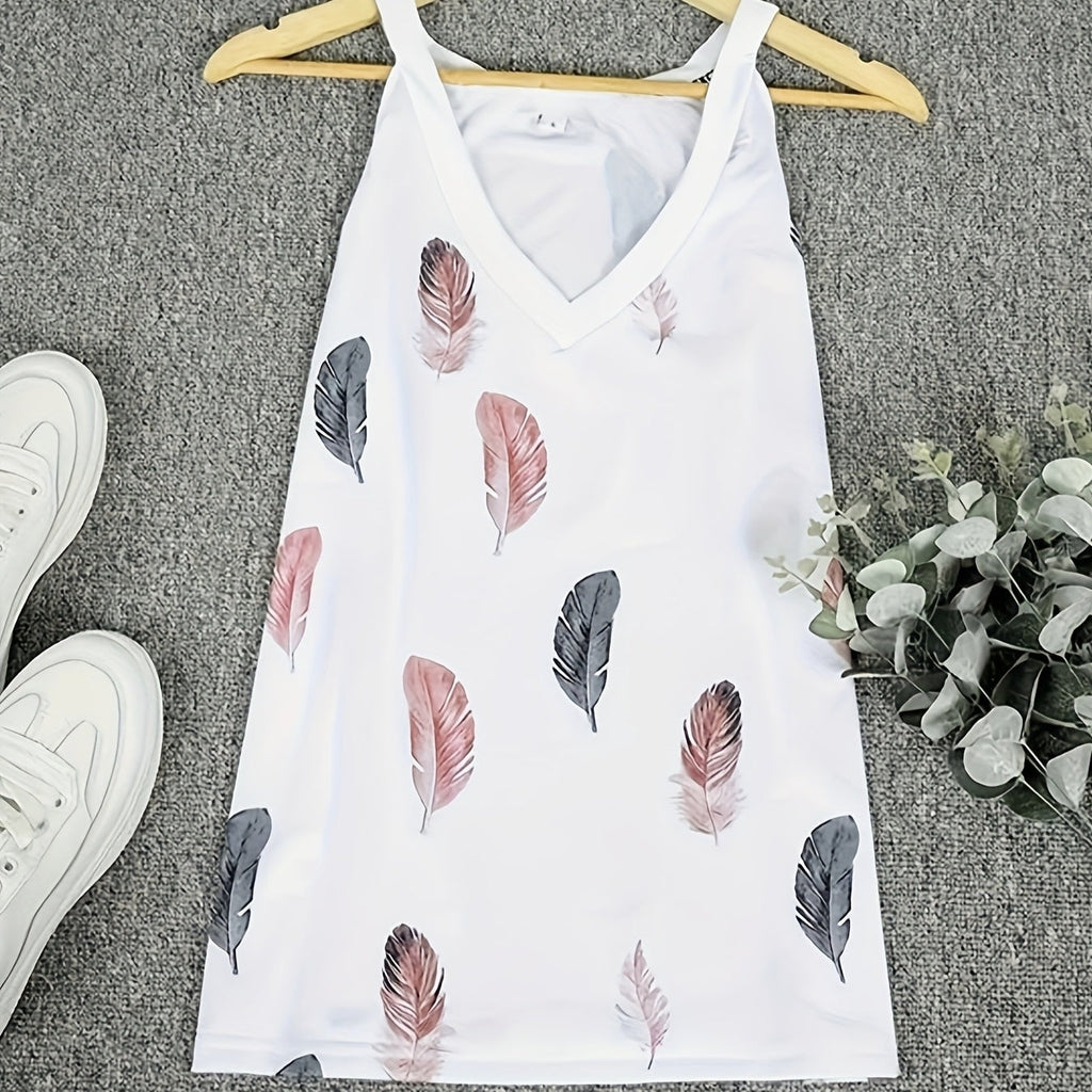 Ladies' V-neck Camisole - Feather Print Fashionable Versatile Casual Blouse