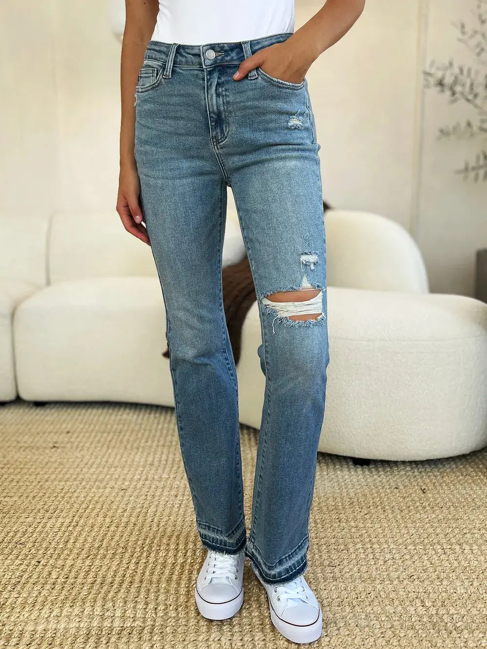 Full Size Mid Rise Destroyed Hem Distressed Judy Blue Jeans