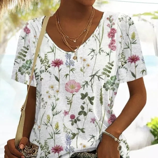 Floral V-neck Women's T-shirt Short Sleeved Casual Vacation Pullover Top