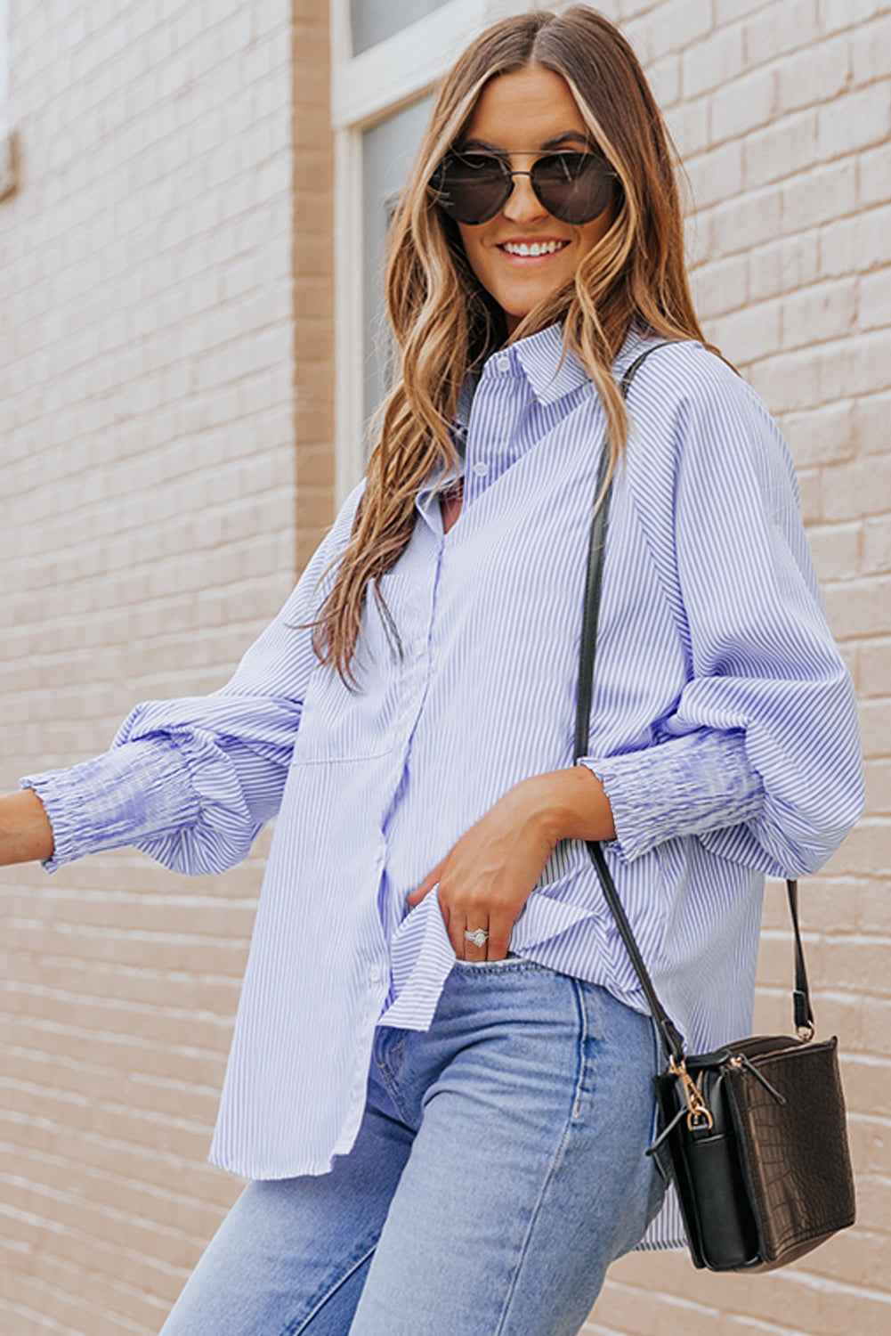 Striped Casual Blouse with Shirred Cuffs for Women
