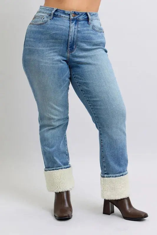 Plus Size High Waist Shearling Cuff Straight Leg Judy Blue Jeans