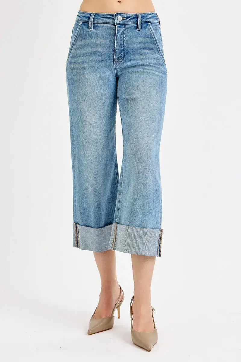 RISEN High Rise Ankle Wide Cuffed Jeans