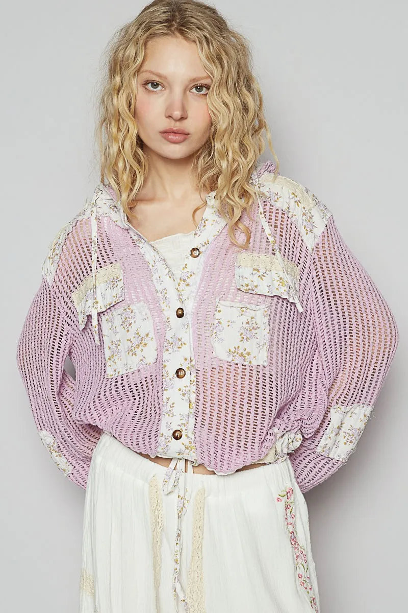 Vintage Washed Crochet Hoodie Jacket With Patchwork