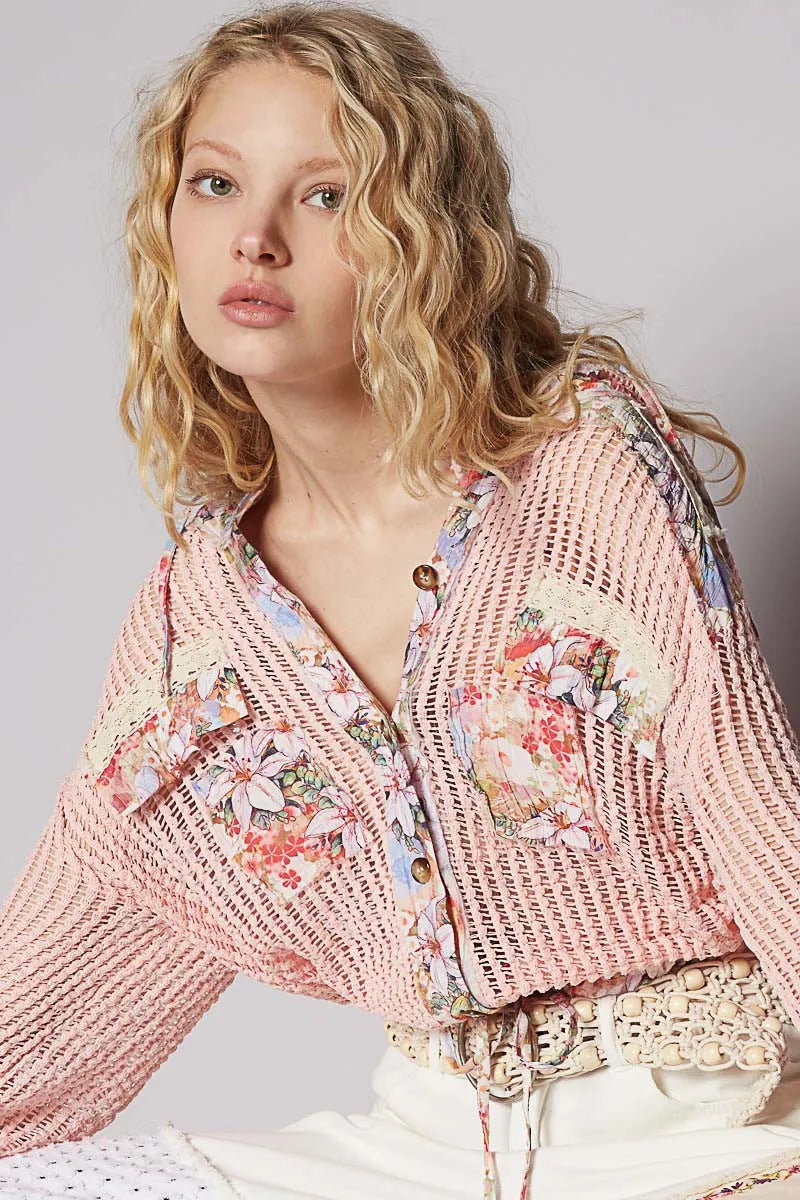 Vintage Washed Crochet Hoodie Jacket With Patchwork