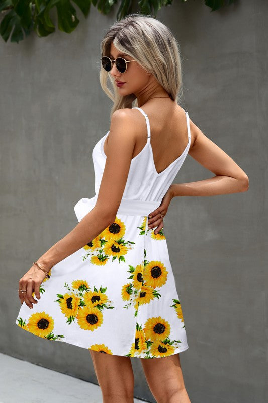 Floral V Neck Spaghetti Strap Belted Cami Dress