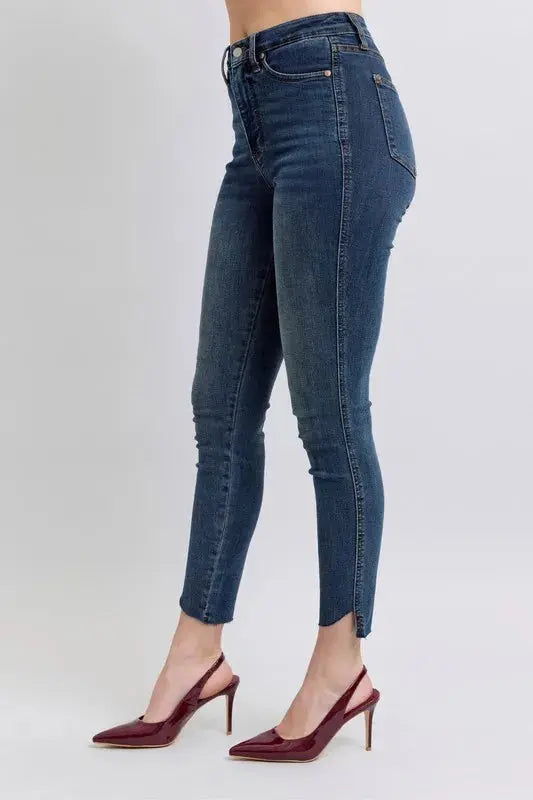Full Size High Waist Tummy Control Step Hem Skinny Judy Blue Jeans