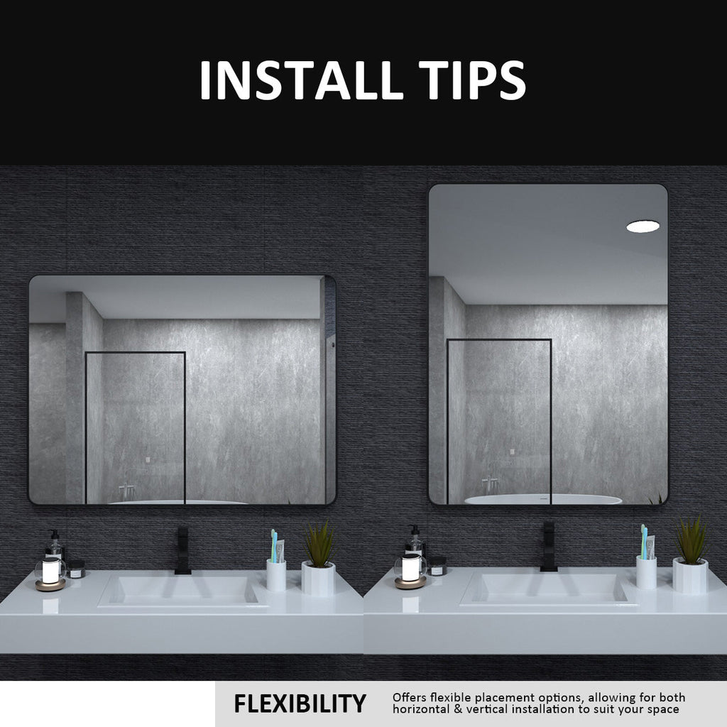 24x36 inch aluminum frame round rectangular bathroom wall mirror, matte black rust proof, tempered glass mirror