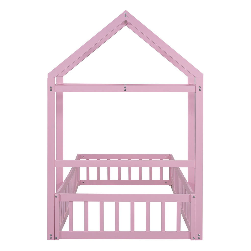 Wooden Twin Size Children's Bed with Detachable Headboard and Integrated Clothes Drying Rack, Pink