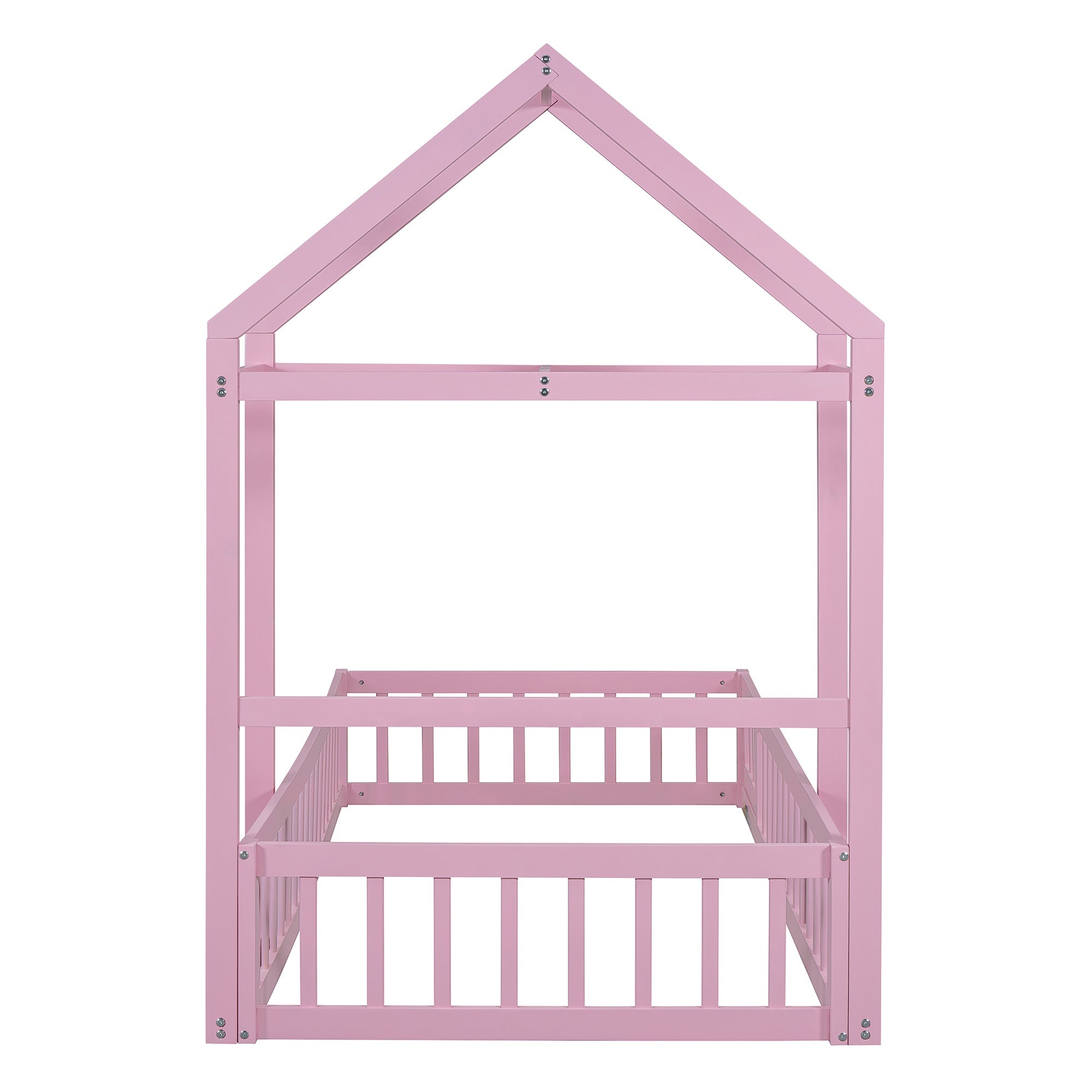 Wooden Twin Size Children's Bed with Detachable Headboard and Integrated Clothes Drying Rack, Pink