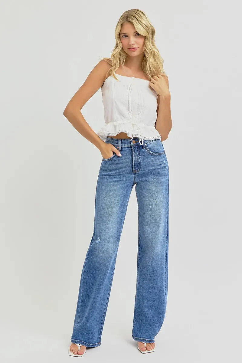Full Size Tummy Control Elastic Band High Rise Wide RISEN Jeans