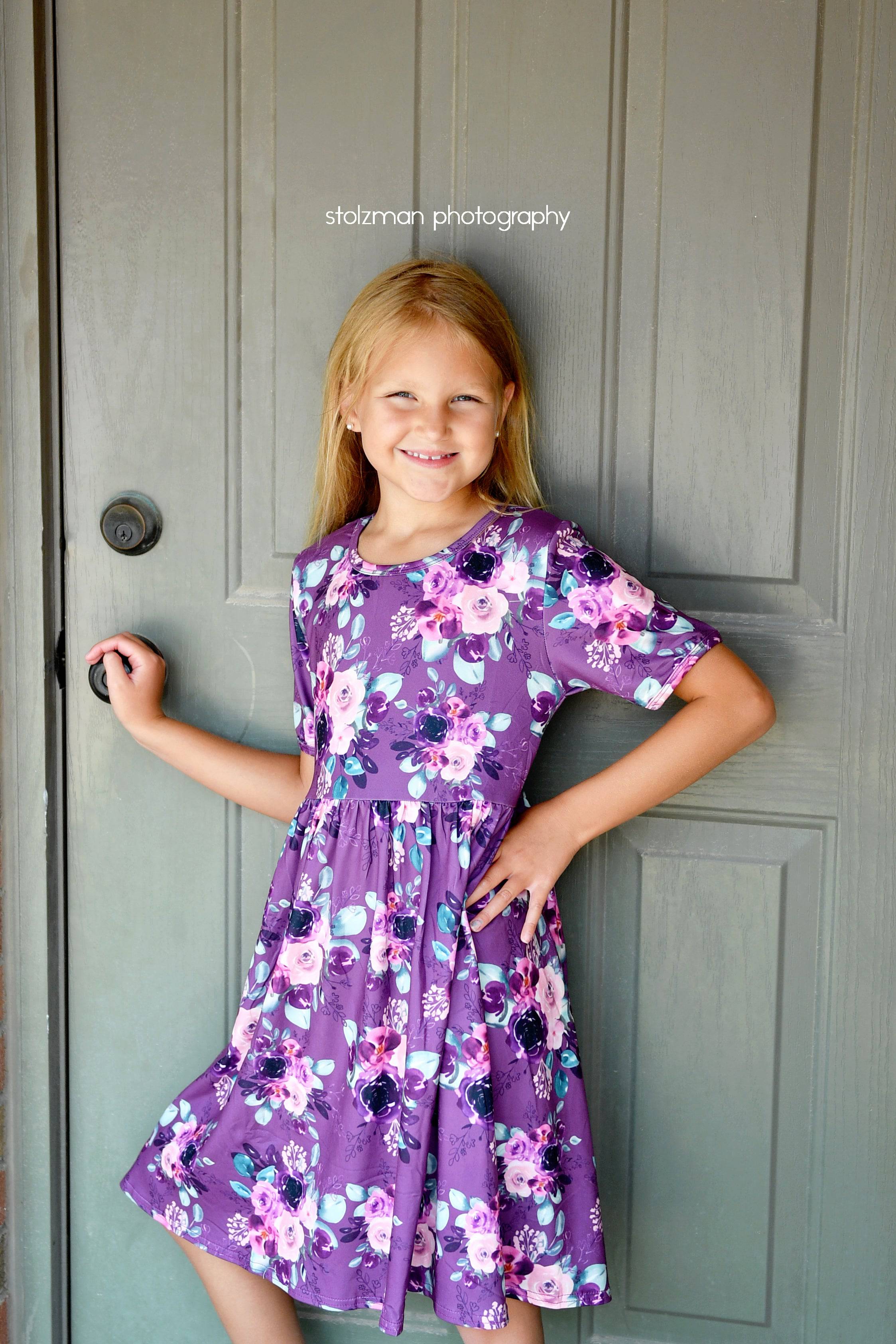 Purple Floral Short Sleeve Milk Silk Dress