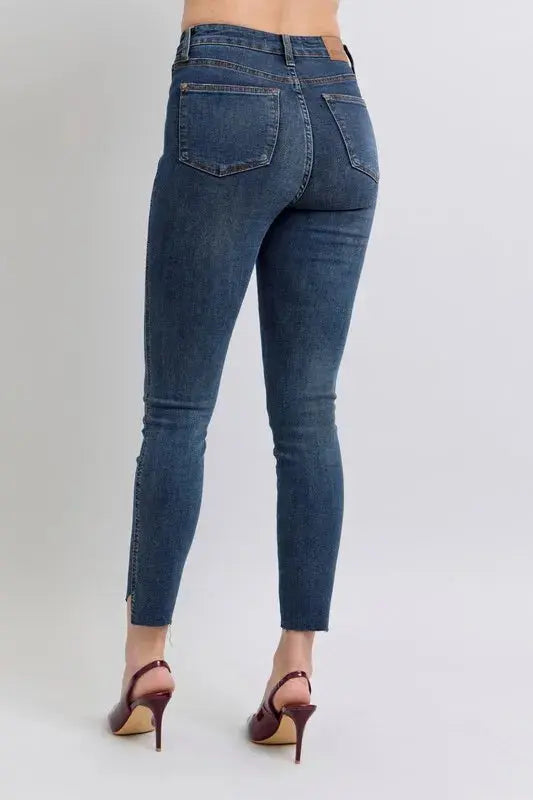 Full Size High Waist Tummy Control Step Hem Skinny Judy Blue Jeans
