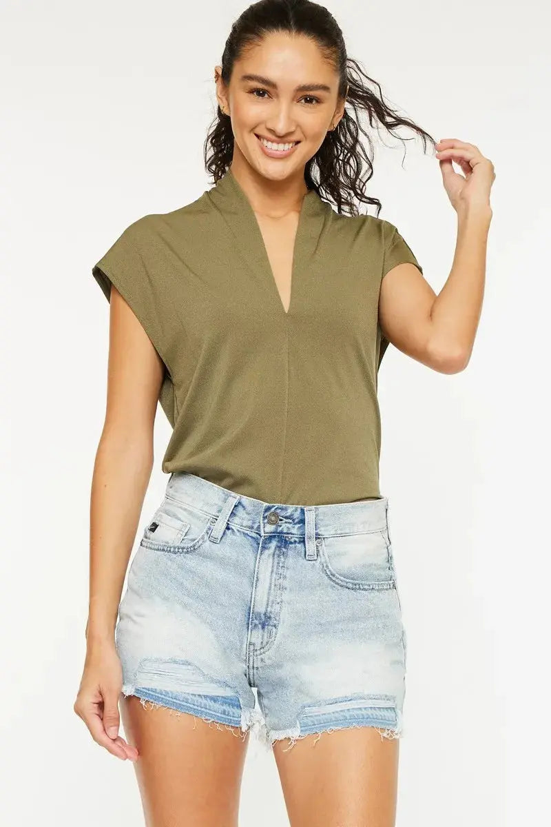 High Rise Raw Hem Kancan Denim Shorts - Light Wash