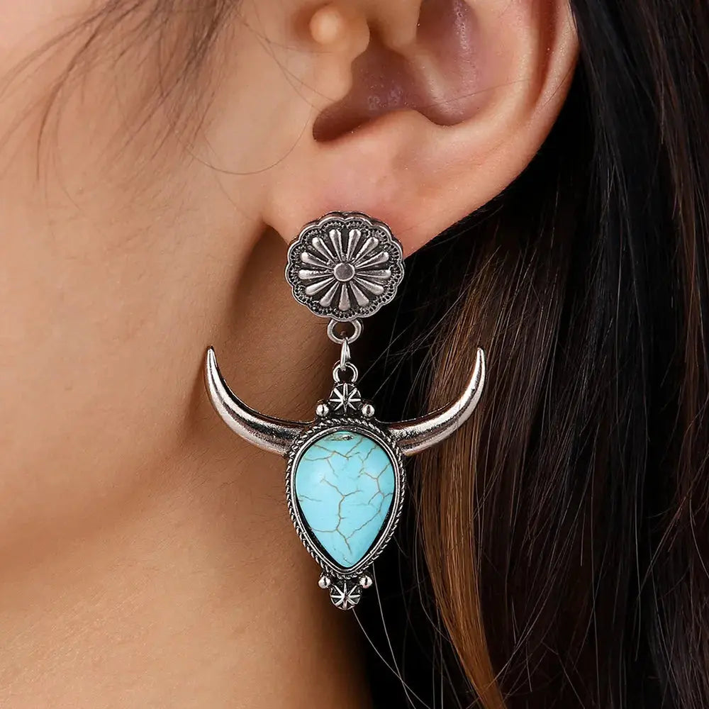 Western Cow Head Turquoise Statement Earrings