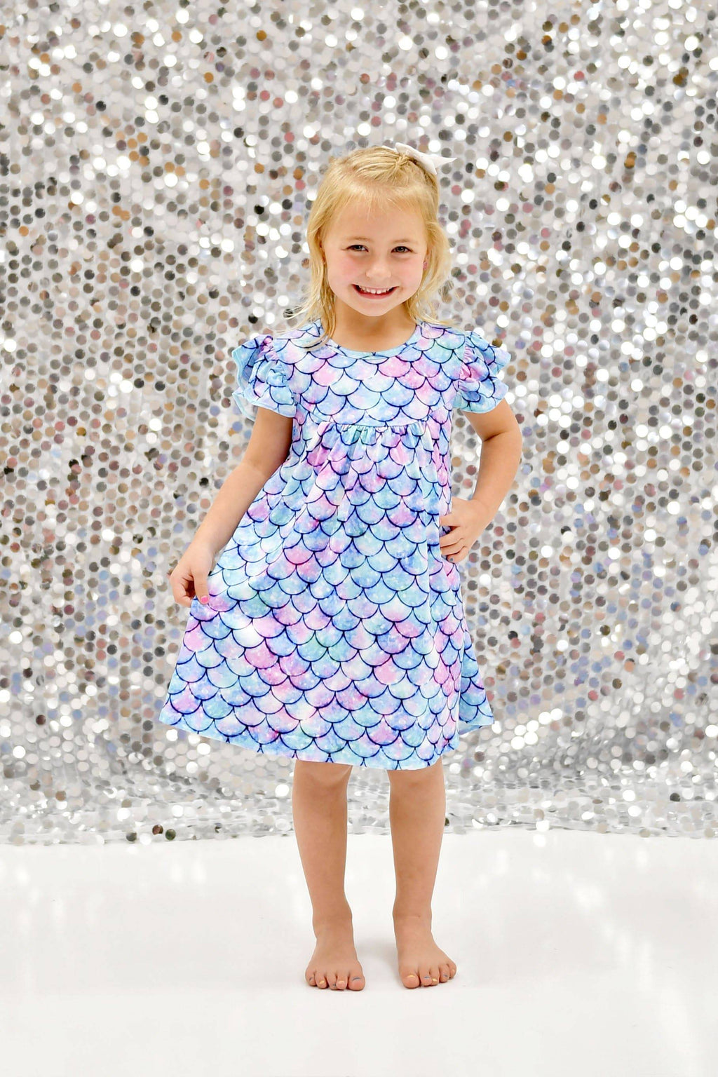 Shiny Mermaid Scale Milk Silk Flutter Dress