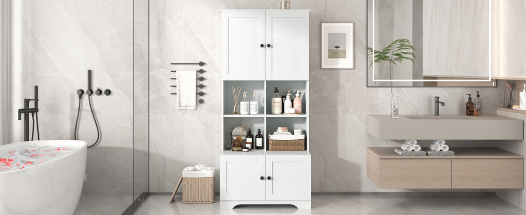 Bathroom storage cabinet, 4-door independent cabinet, adjustable shelf, open multi-layer shelf, white