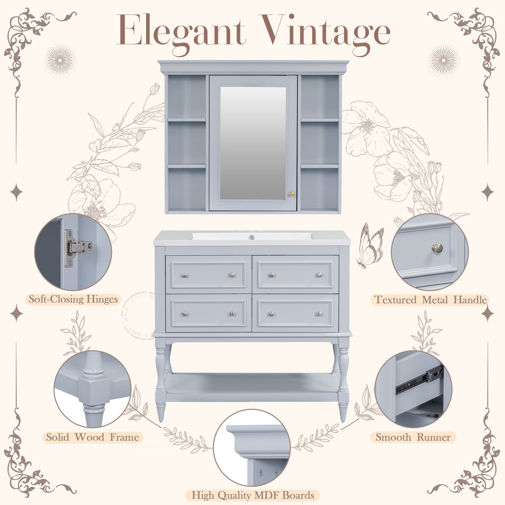 36'' Bathroom Vanity with Medicine Cabinet, Modern Mirror Cabinet with Adjustable Shelf, Bathroom Storage Cabinet with 4 Drawers