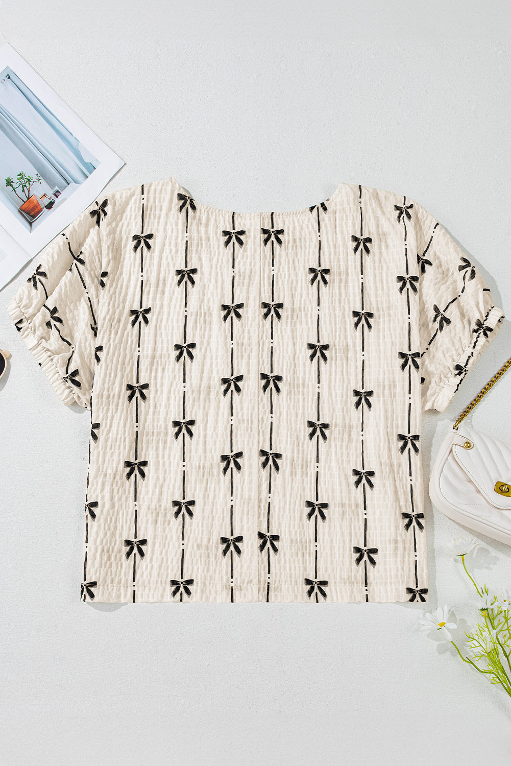 Bow Textured Puff Sleeve Top