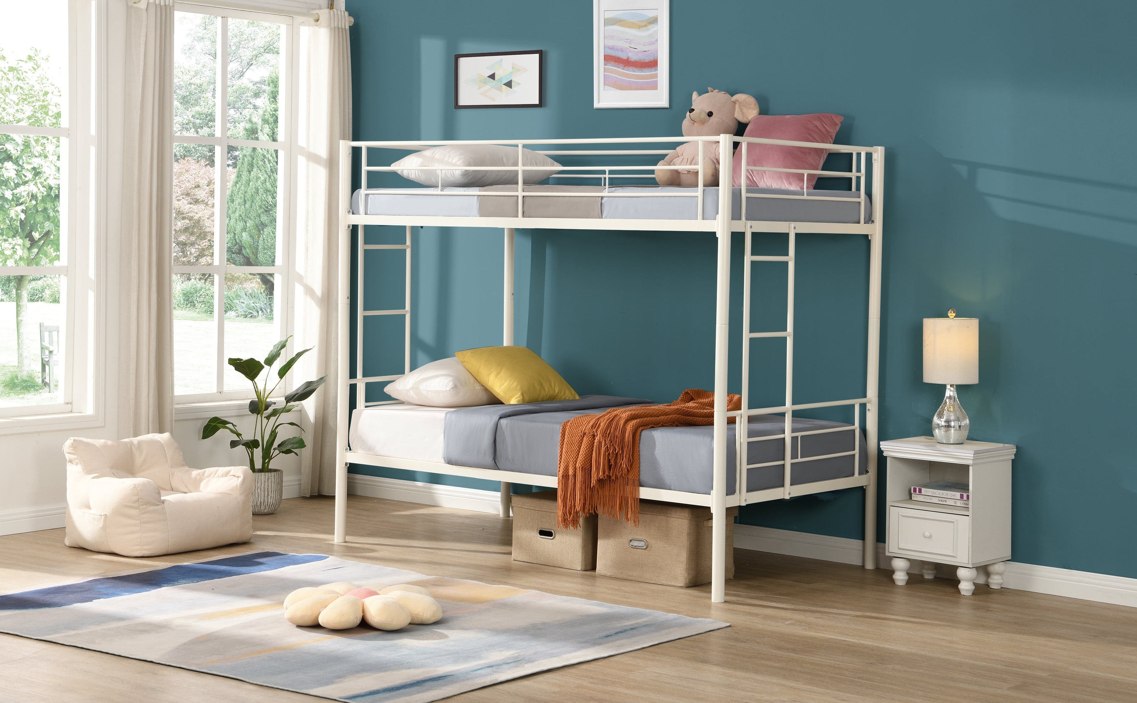 Twin metal bunk beds, metal structure bed frame with safety guardrails and 2 ladders, convertible bunk beds, white