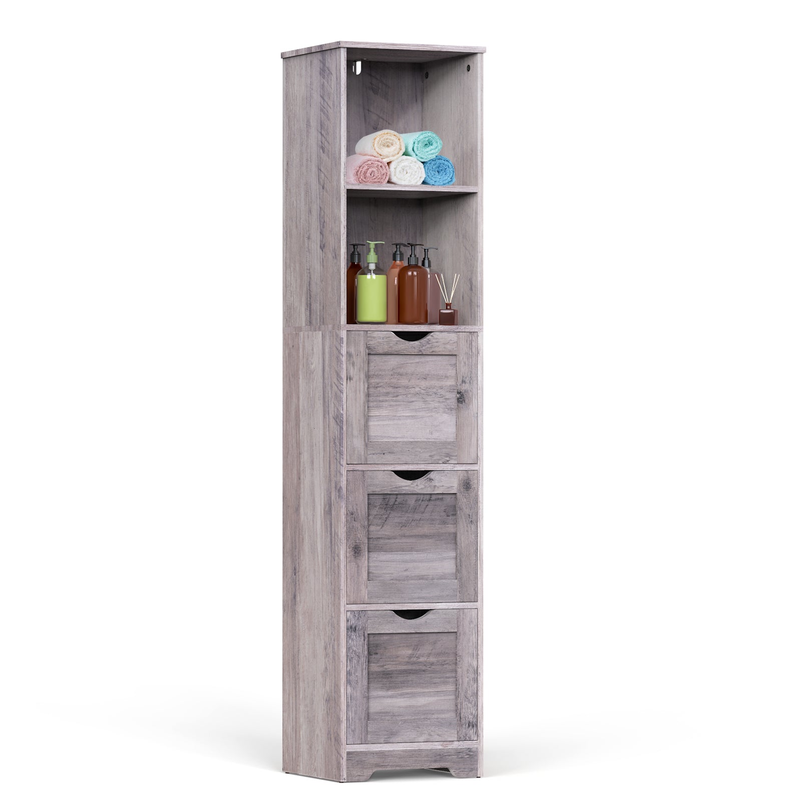 Bathroom Floor Cabinet with 3 Drawers 2 Shelves, Tall Narrow Bathroom Kitchen Pantry Storage Cabinet with Open Compartment Grey