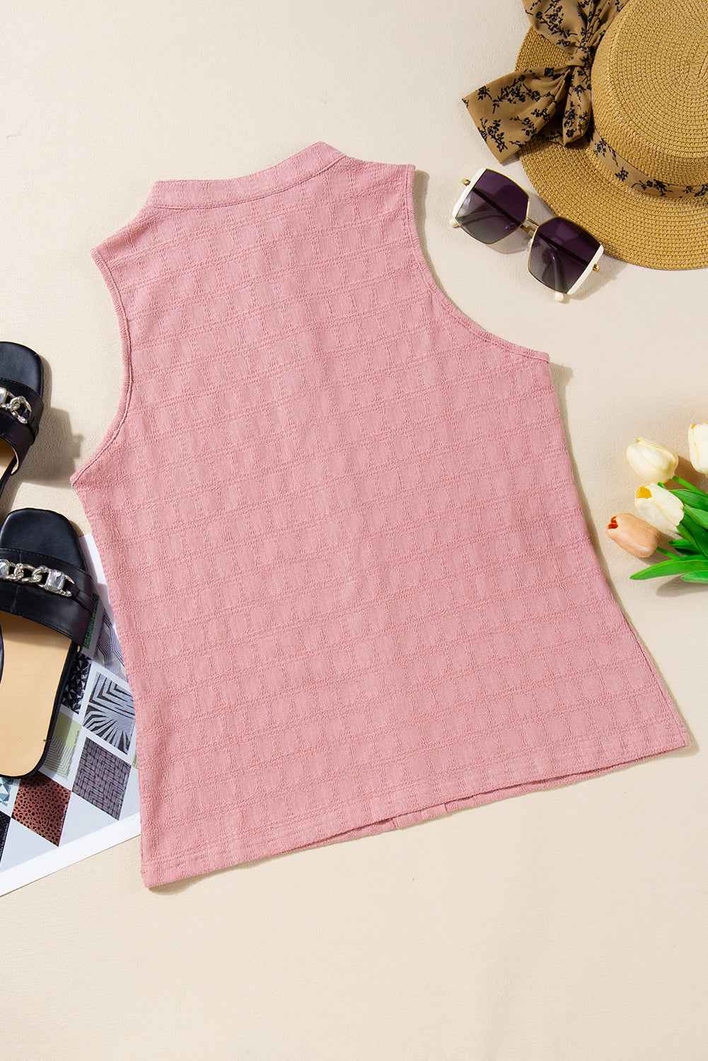 Sea Green Sleeveless Top - Textured Split V Neck Women's Shirt