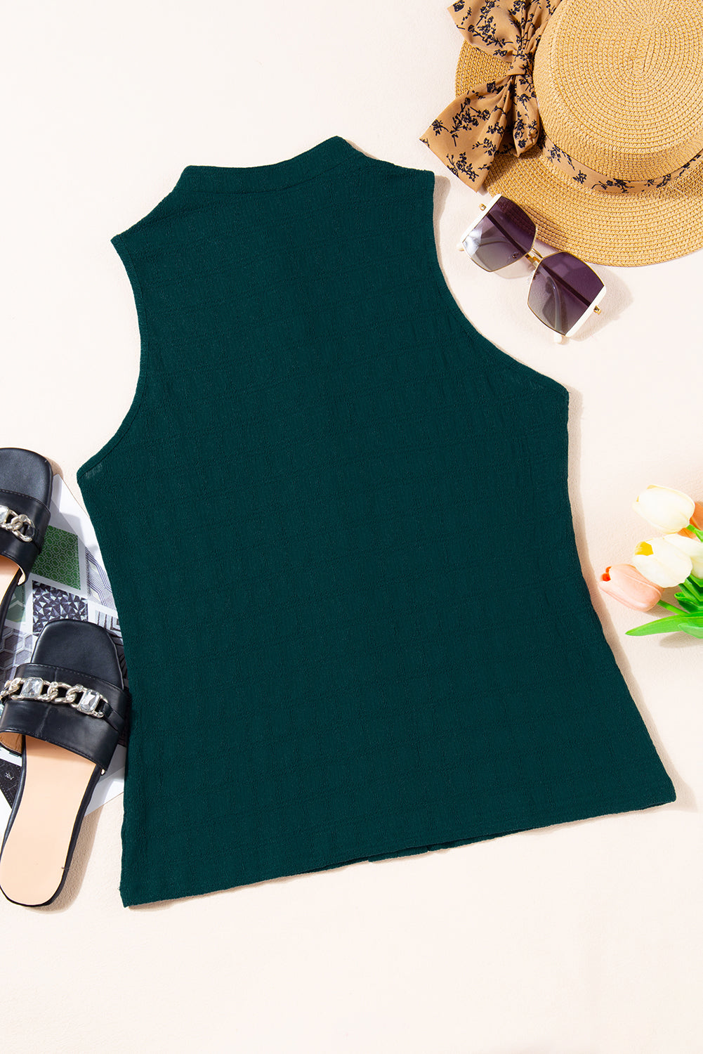Sea Green Sleeveless Top - Textured Split V Neck Women's Shirt