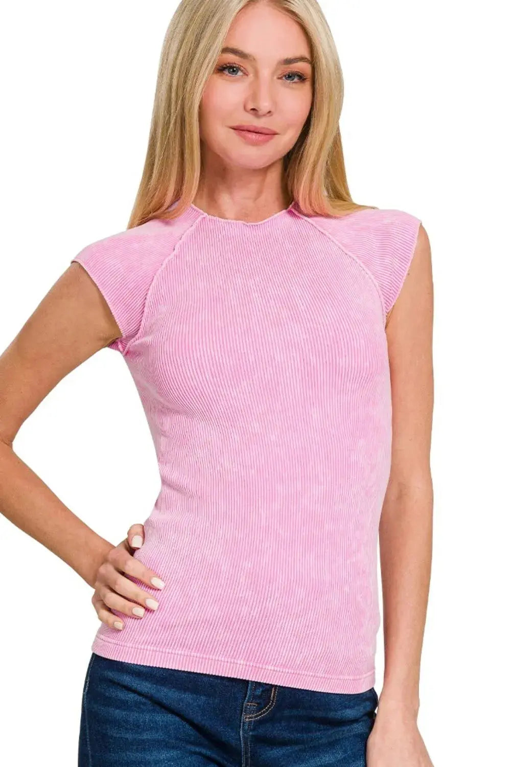 Zenana Pink Stone Washed Ribbed Seamless Tank Top