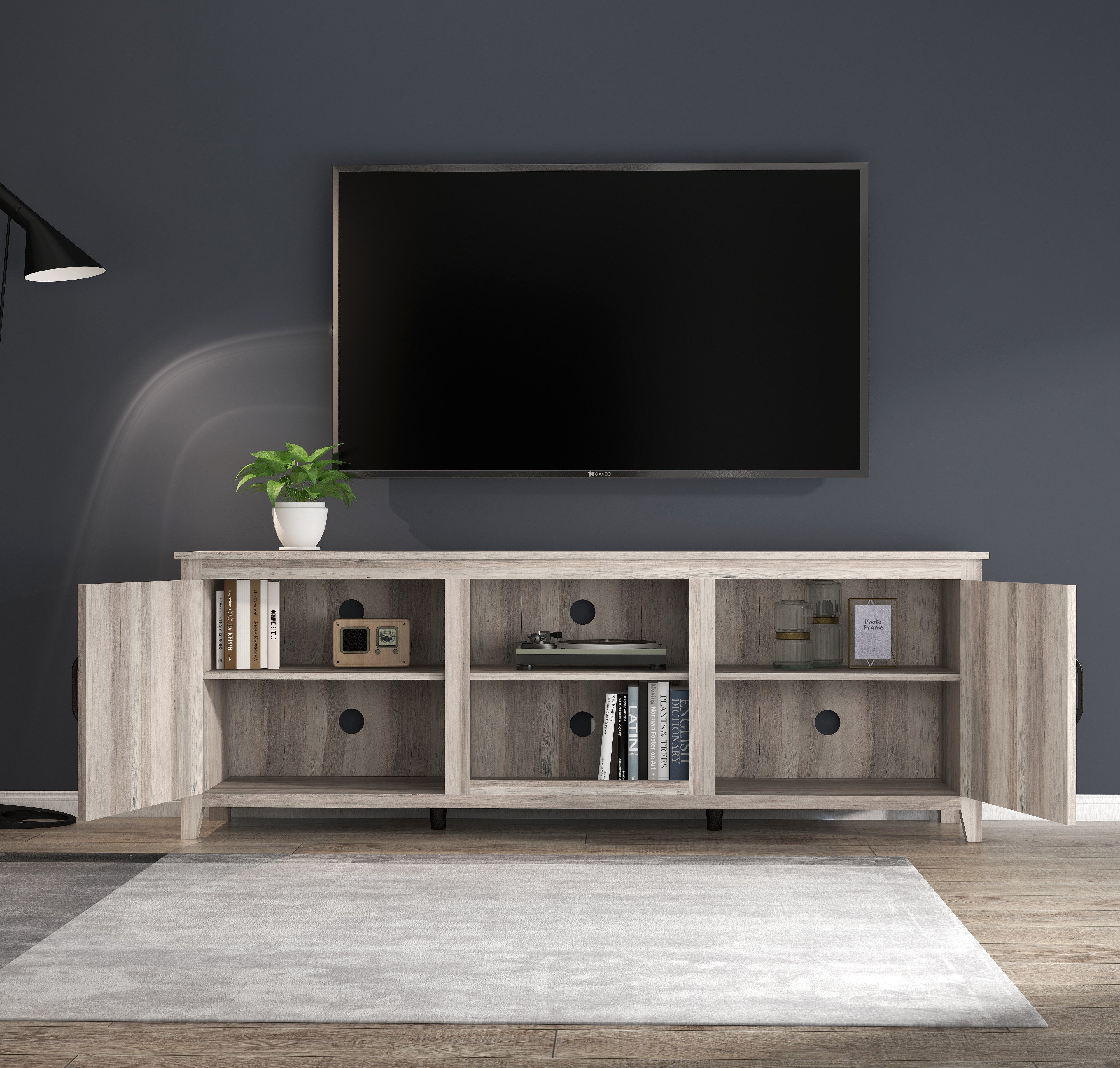 TV Stand Storage Media Console Entertainment Center With Two Doors, Grey Walnut