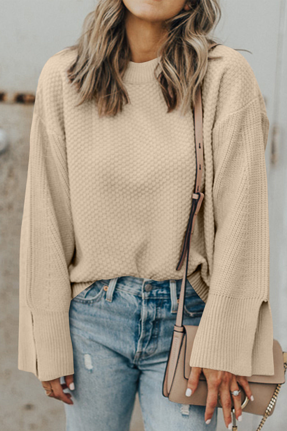 Parchment Knit Women's Top with Solid Textured Design and Split Cuff Drop Shoulder