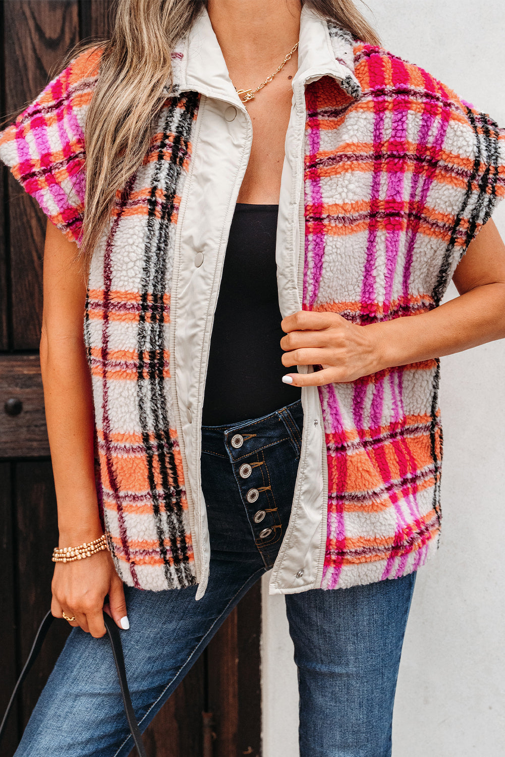 Plaid Sherpa Buttoned Jacket Vest