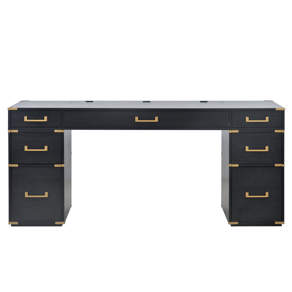 70 inch classic and traditional executive desk with metal trim, writing desk with 2 file drawers, USB ports, and sockets, black