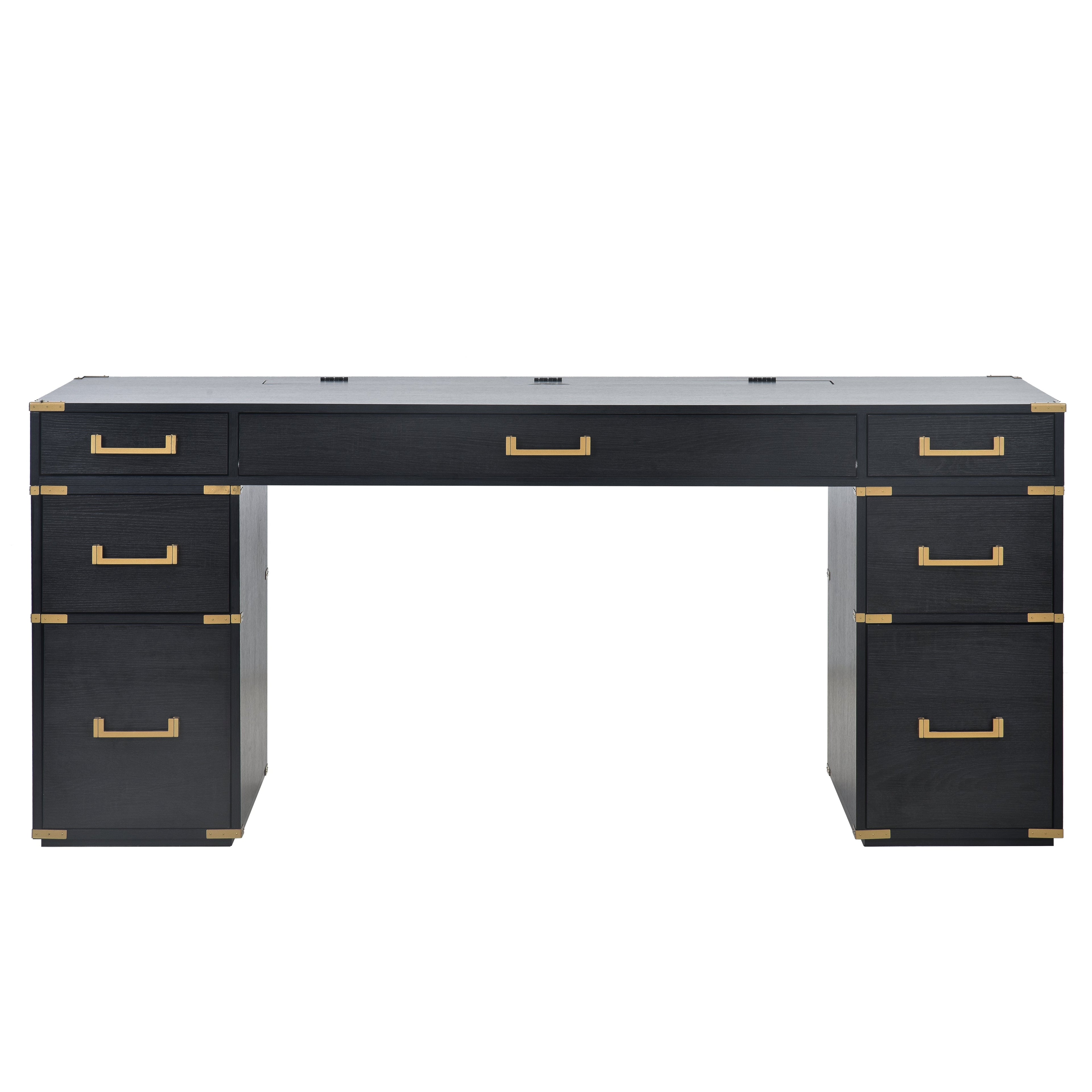 70 inch classic and traditional executive desk with metal trim, writing desk with 2 file drawers, USB ports, and sockets, black