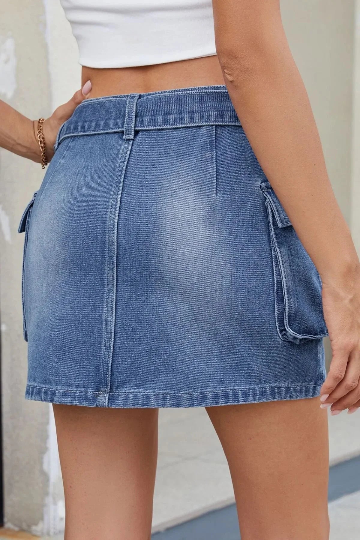 Criss-Cross Waist Pocketed Denim Mini Skirt