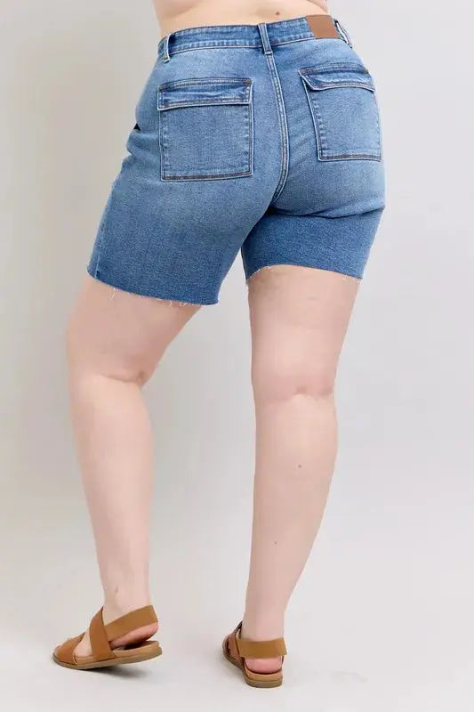 Judy Blue Jeans - Full Size Mid Rise Bermuda Denim Shorts w/ Back Flap Pockets