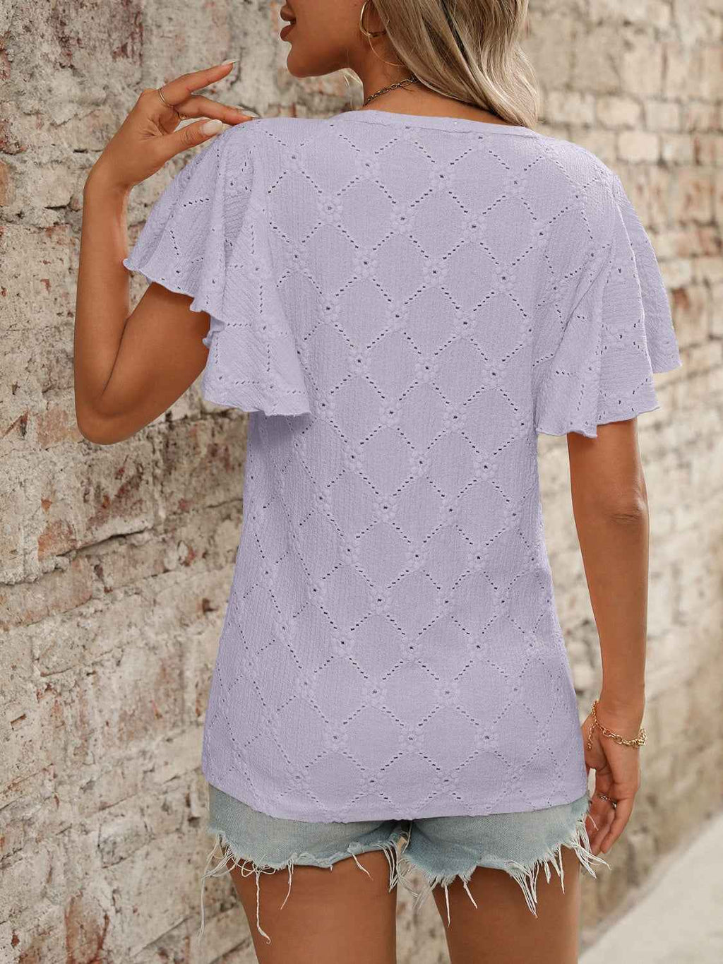 Eyelet Flutter Sleeve Top - Round Neck & Stylish Women's Top