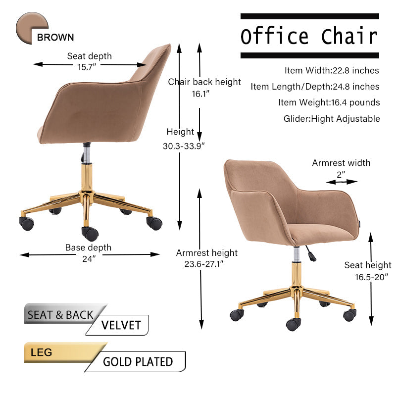 Modern Velvet Fabric Material Adjustable Height 360 revolving Home Office Chair Light Coffee Brown