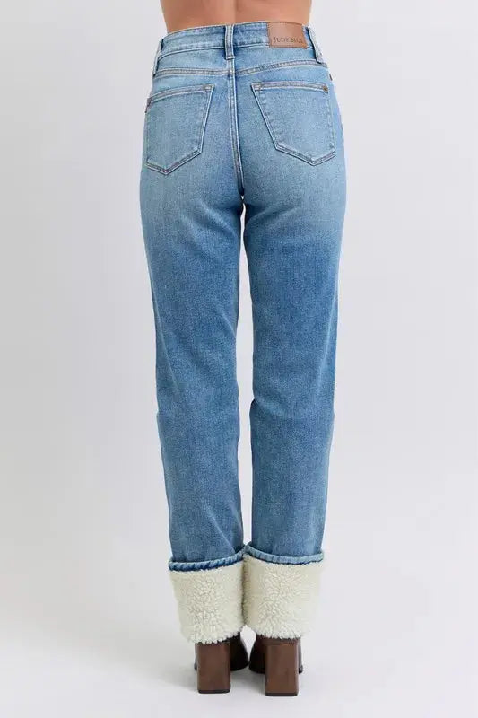Plus Size High Waist Shearling Cuff Straight Leg Judy Blue Jeans