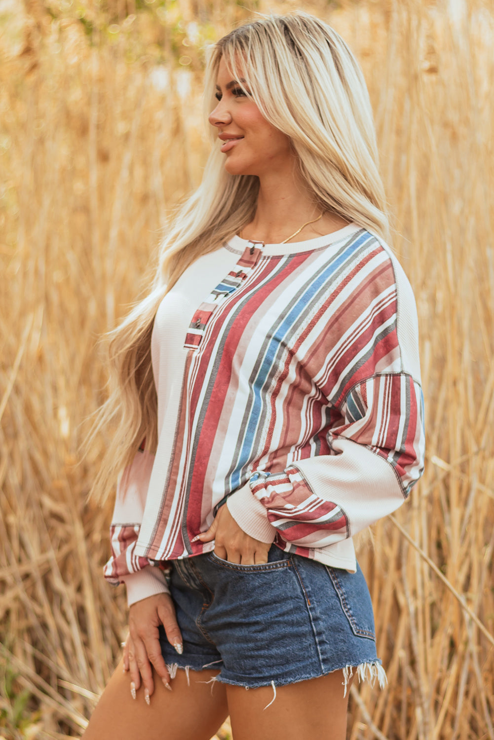 Stripe Waffle Knit Patchwork Raw Edge Henley Top