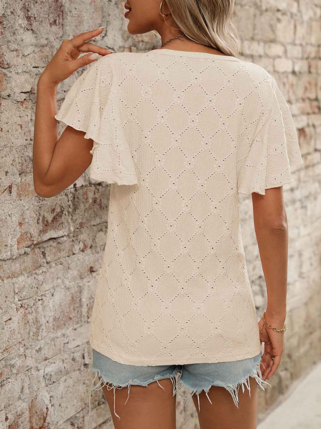 Eyelet Flutter Sleeve Top - Round Neck & Stylish Women's Top