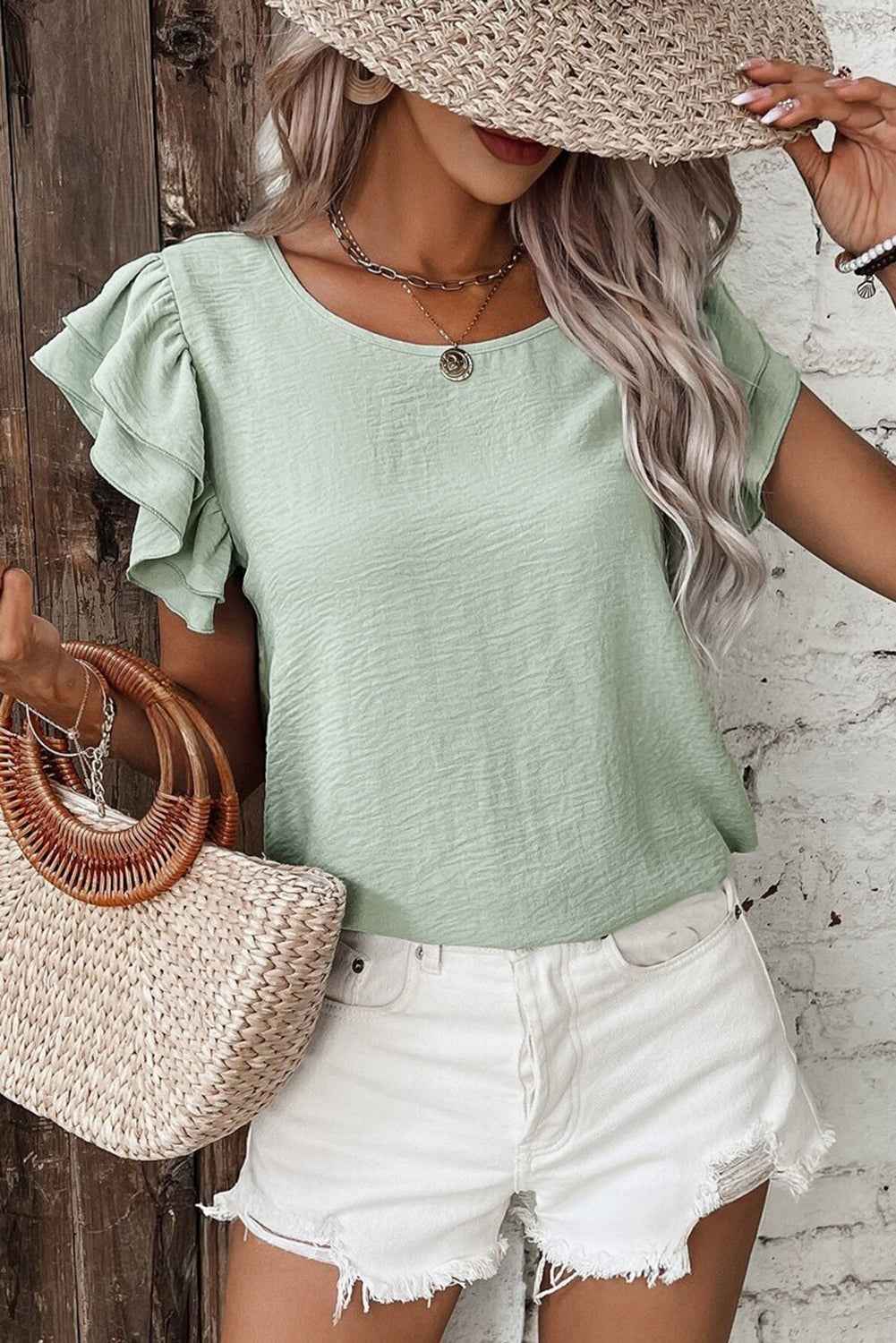Aqua Ruffle Sleeve Blouse - Clearly Aqua Solid Color Crinkled Top