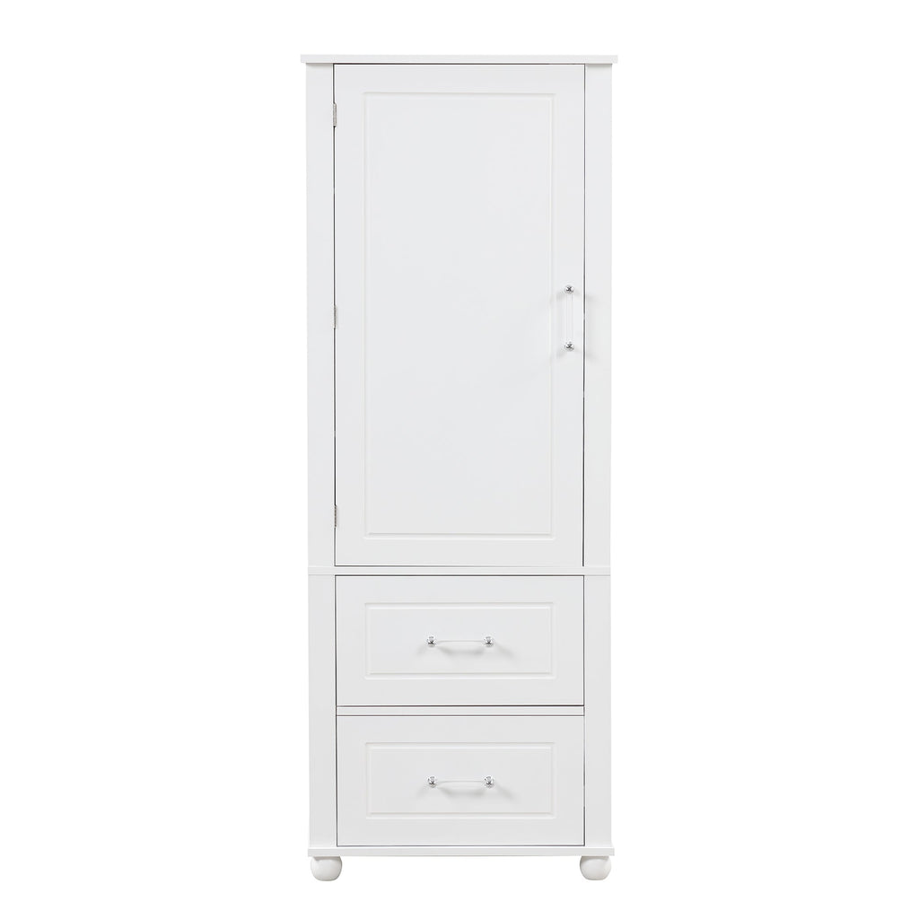 Tall bathroom storage cabinet with two drawers and adjustable shelves for independent storage