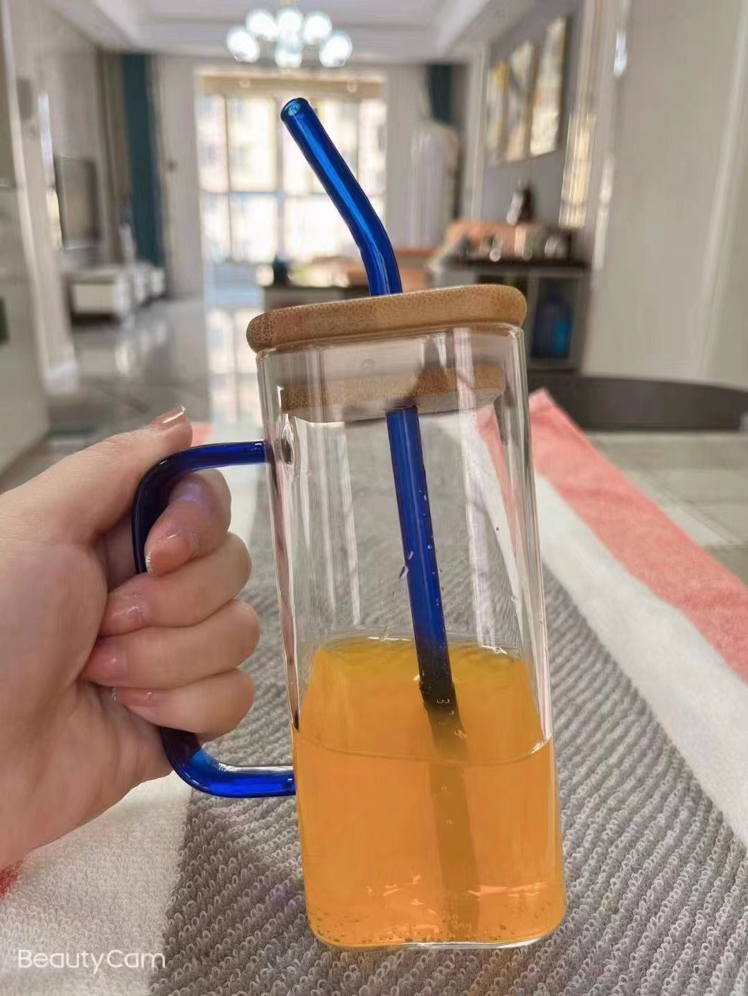 Square colored handle cup glass straw cup with lid milk tea cup with large capacity
