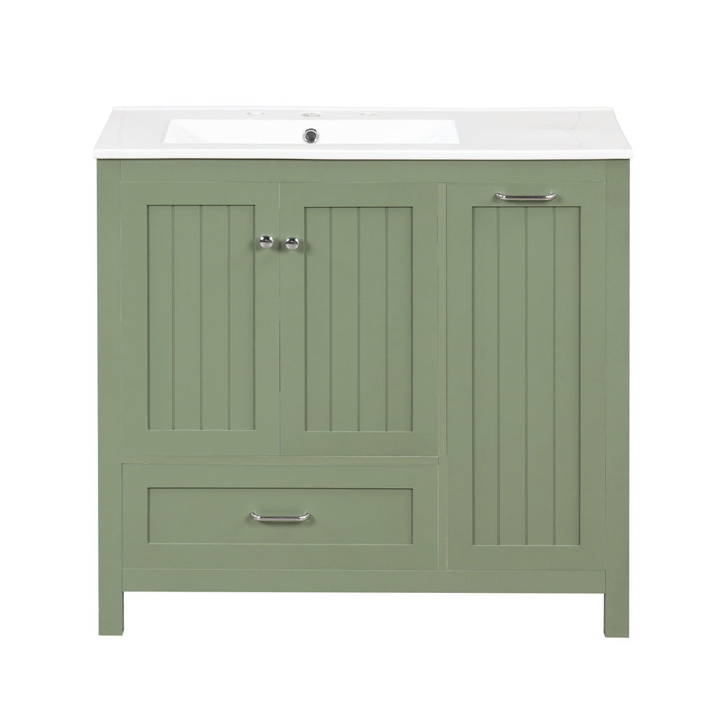 36 inch bathroom vanity with sink, one double door cabinet one large drawer and one flip drawer solid wood and MDF board, green